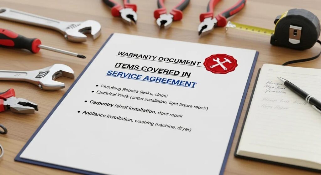 Close-up of a handyman warranty document and tools, showing the main items covered in a service agreement
