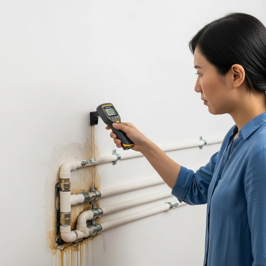 A woman detecting plumbing leaks in Singapore using a moisture meter on a damaged wall