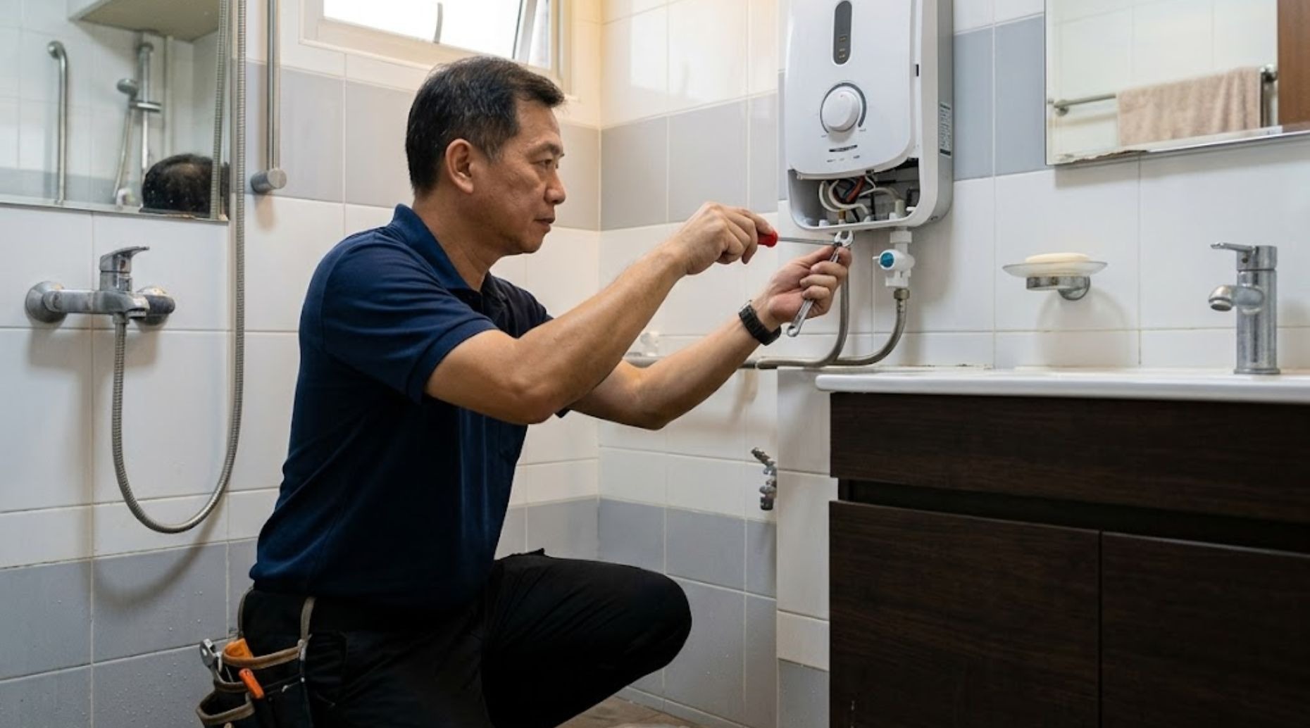 A licensed handyman performing water heater repair and installation in a Singapore bathroom