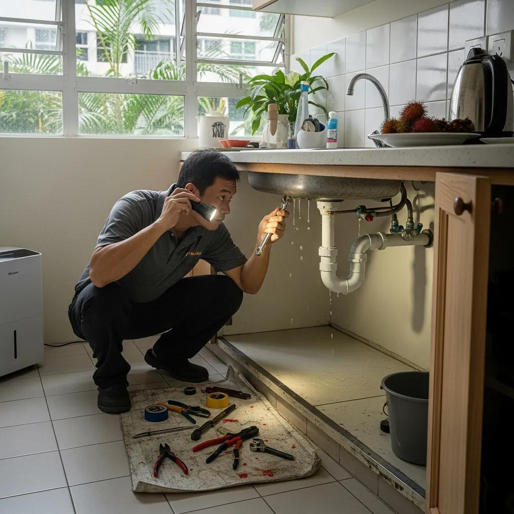  A handyman inspecting plumbing leaks in Singapore under a kitchen sink with a flashlight and tools