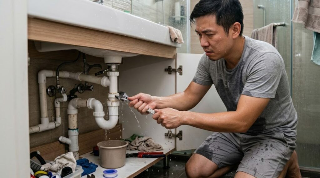 A homeowner struggling with a DIY plumbing fix under a Singapore bathroom sink with water leaking
