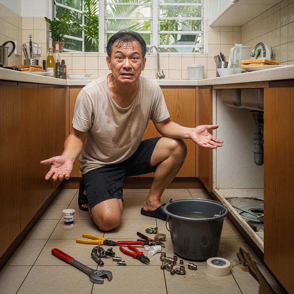  A frustrated homeowner surrounded by tools after a failed DIY plumbing fix in a Singapore kitchen