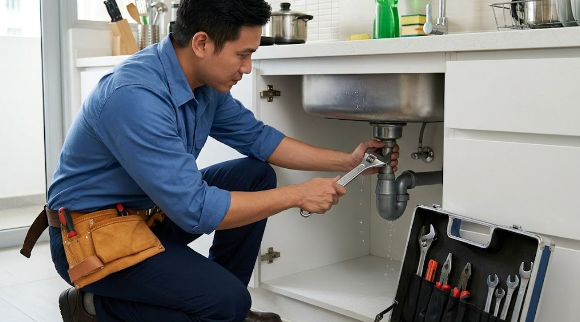 Handyman fixing plumbing costs in Singapore with a wrench under a kitchen sink with tools.