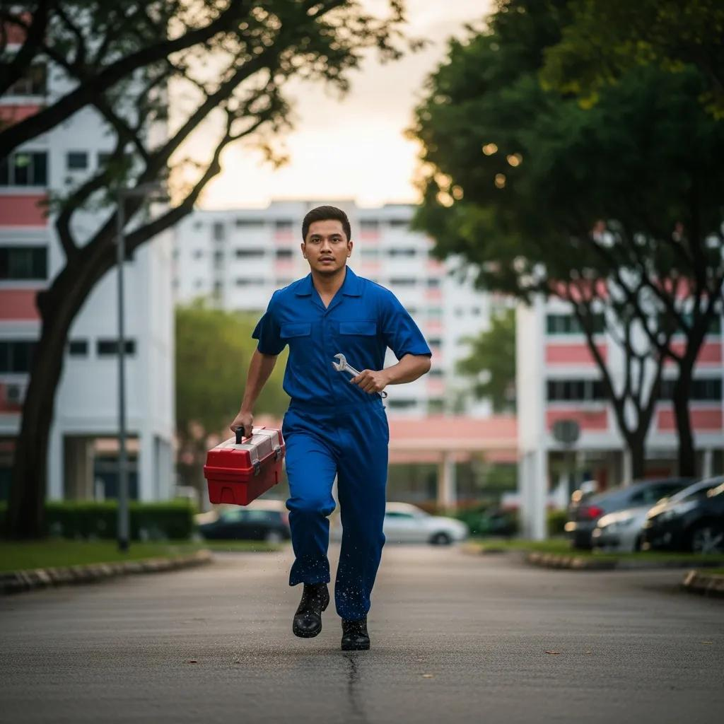 A Singapore handyman rushing with a toolbox and wrench for an affordable plumbing repair job